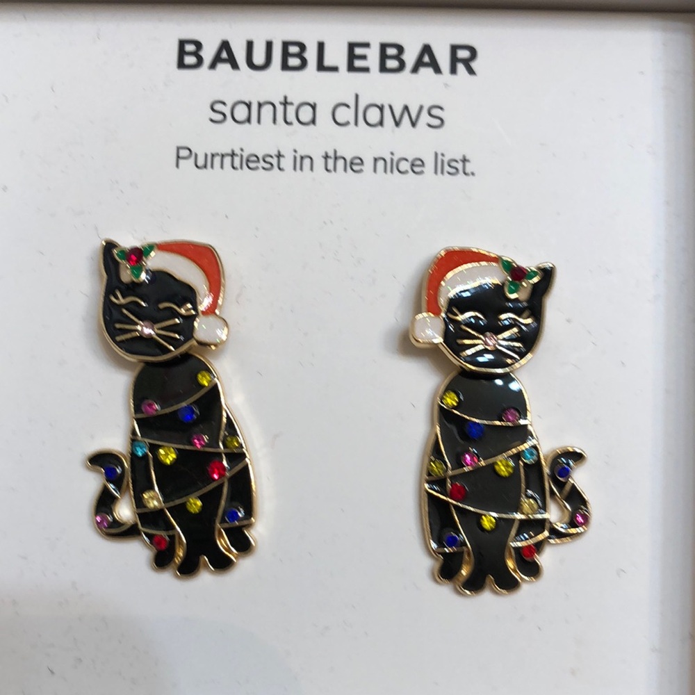 Baublebar Gold Tone Santa Claws Santa Cat Drop Earrings Crystal Accents NIB